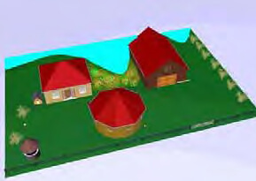 Figura da esquerda: vista superior. Um terreno verde. No primeiro plano, à esquerda, um poço d’água. Ao lado direito, uma casa redonda bege, com telhado vermelho. Atrás, duas casas em tons de marrom mais claro e mais escuro, com telhado vermelho. Entre as casas e ao lado, plantas. Atrás das casas, um rio. Figura da direita: vista frontal da mesma imagem.